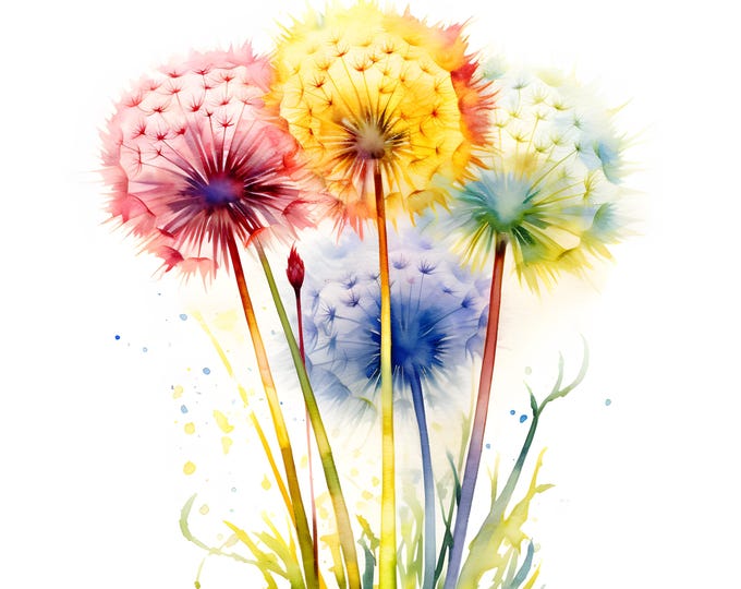 Rainbow Dandelions Clipart, Colorful Dandelions Images, 10 Watercolor Clip Art, Printable JPG, Instant Download, Commercial Use, Paper craft