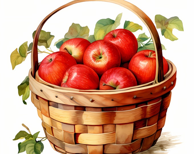 Apple Basket Clipart, Basket of Apples Images, 10 Watercolor Clip Art, Printable JPGs, Instant Download, Commercial Use, Paper craft