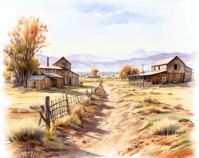 Old West Landscape Clipart, Desert Farmhouse Images, 10 Watercolor Clip Art, Printable JPGs, Instant Download, Commercial Use, Paper craft