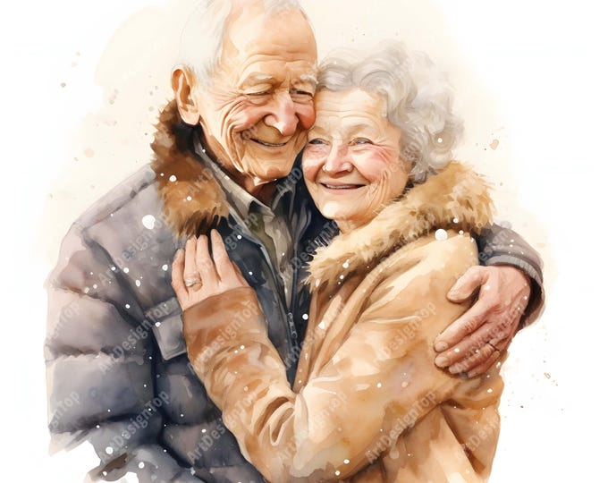 Old Couple Clipart, Couple Hugging Images, 10 Watercolor Clip Art, Printable JPGs, Instant Download, Commercial Use, Paper craft