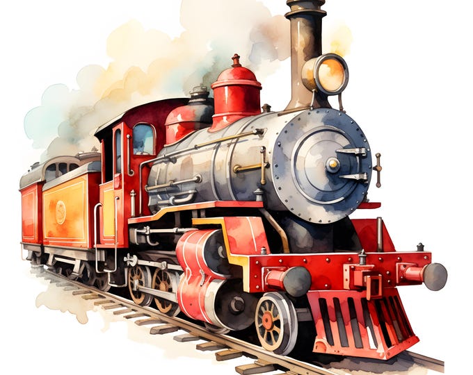Locomotive Clipart, Steam Train Images, 10 Watercolor Clip Art, Printable JPGs, Instant Download, Commercial Use, Paper craft