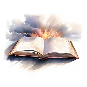 May include: An open book with pages filled with text. A burst of fire and smoke erupts from the center of the book.