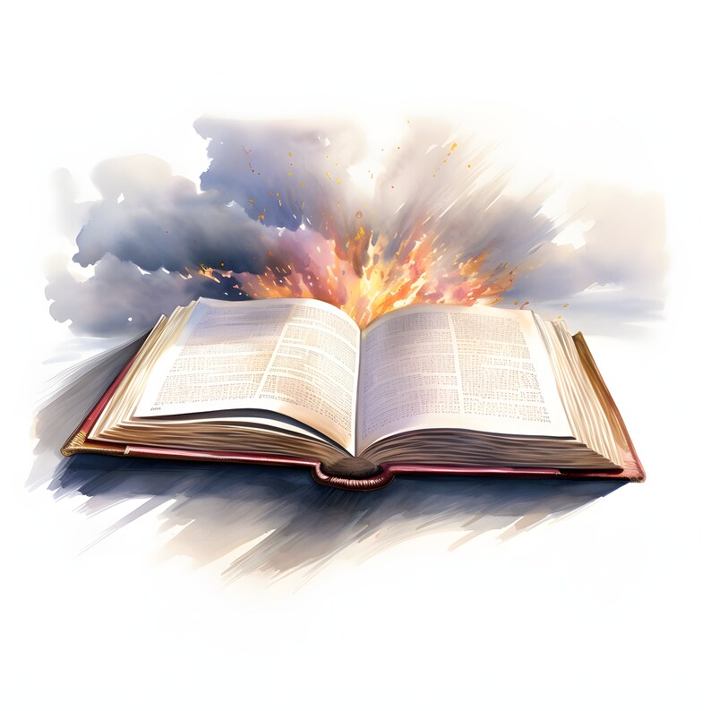 May include: An open book with pages filled with text. A burst of fire and smoke erupts from the center of the book.