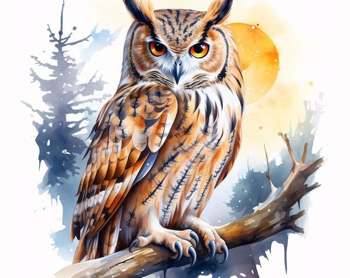 Owl Moonlight Clipart, Night Bird Images, 10 Watercolor Clip Art, Printable JPGs, Instant Download, Commercial Use, Paper craft