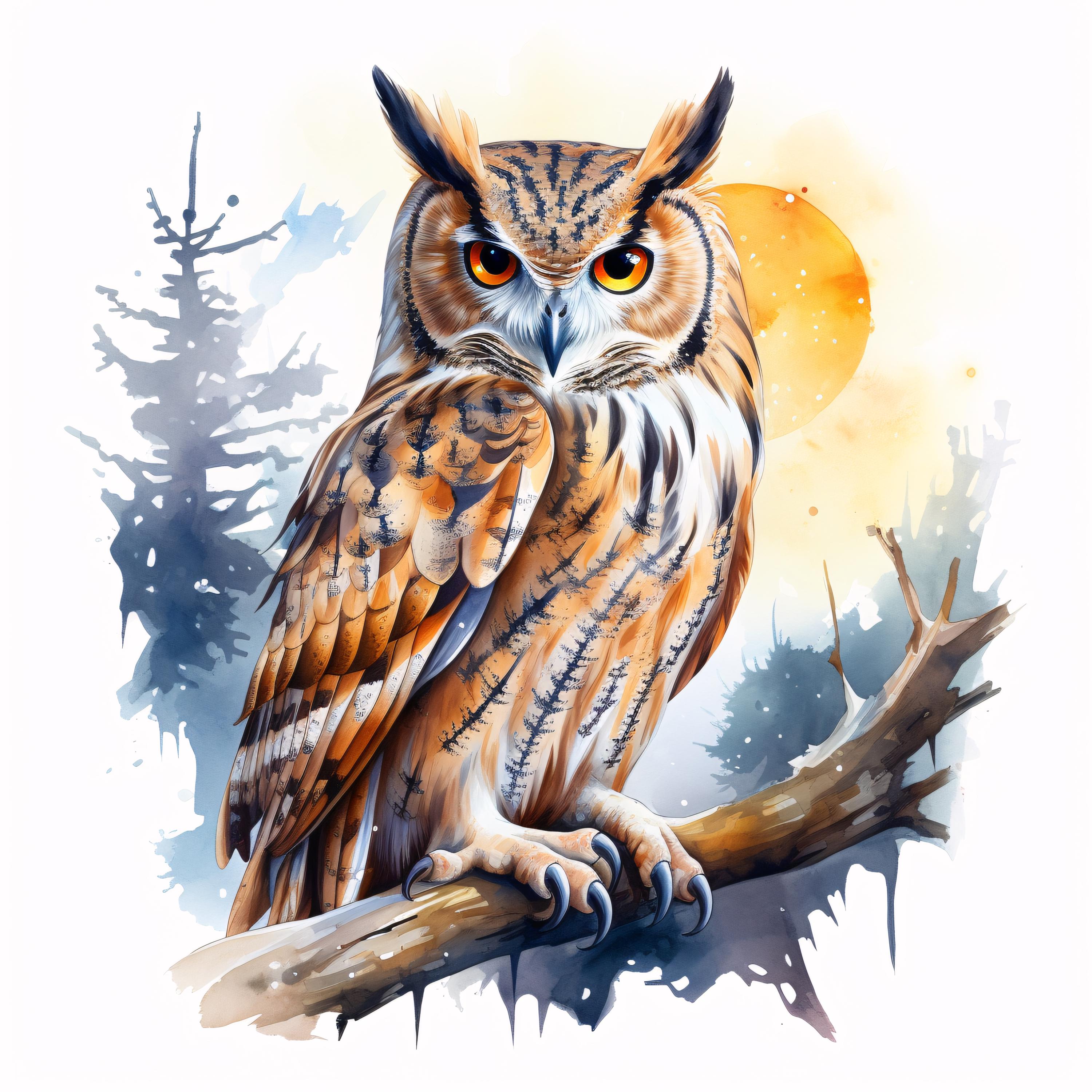 Owl Moonlight Clipart, Night Bird Images, 10 Watercolor Clip Art, Printable JPGs, Instant Download, 