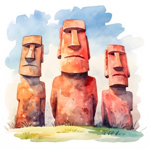 Clipart di statue Moai, immagini Moai dell'Isola di Pasqua, 10 clipart ad acquerello, JPG stampabili, download istantaneo, uso commerciale, creazione di carta