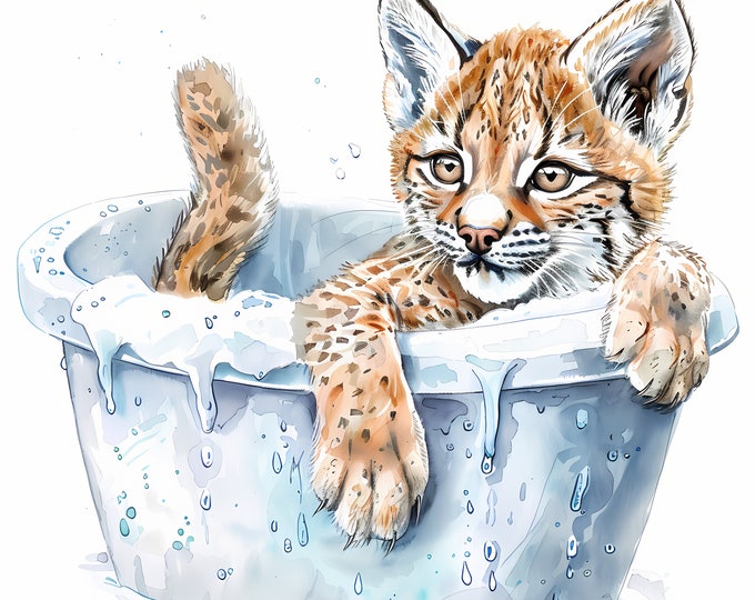 Lynx in Bathtub Clipart, Lynx Washing Images, 10 Watercolor Clip Art, Printable JPGs, Instant Download, Commercial Use, Paper craft