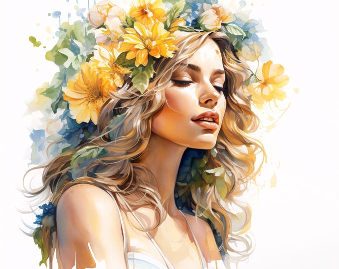 Flower Woman Clipart, Floral Portrait Images, 10 Watercolor Clip Art, Printable JPGs, Instant Download, Commercial Use, Paper craft