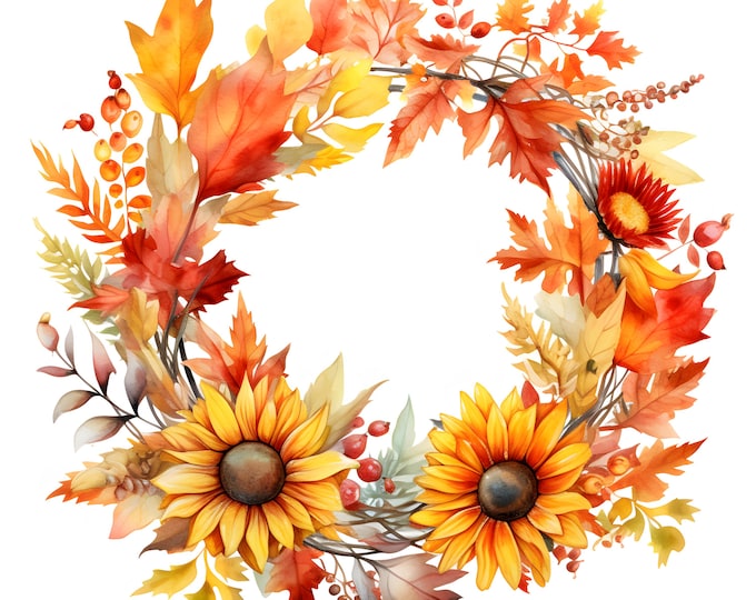 Fall Wreath Clipart, Autumn Leaves Wreath Images, 10 Watercolor Clip Art, Printable JPGs, Instant Download, Commercial Use, Paper craft