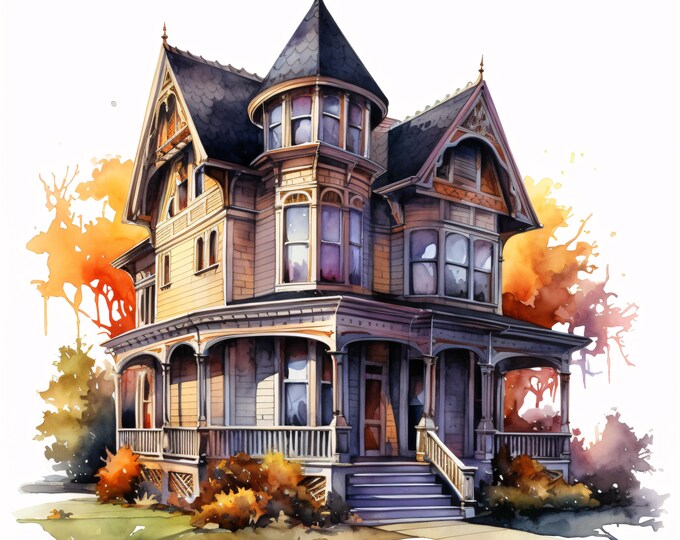 Spooky House Clipart, Haunted Mansion Images, 10 Watercolor Clip Art, Printable JPGs, Instant Download, Commercial Use, Paper craft