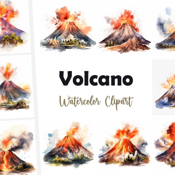 10 cliparts paysage volcan, volcan JPG, cliparts aquarelle, fichiers JPG de haute qualité, téléchargement numérique, haute résolution, usage commercial