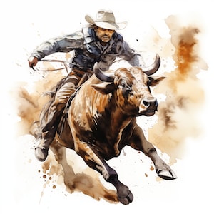 Clipart rodeo, immagini cowboy che cavalcano un toro, 10 clipart acquerello, JPG stampabili, download immediato, uso commerciale, artigianato di carta