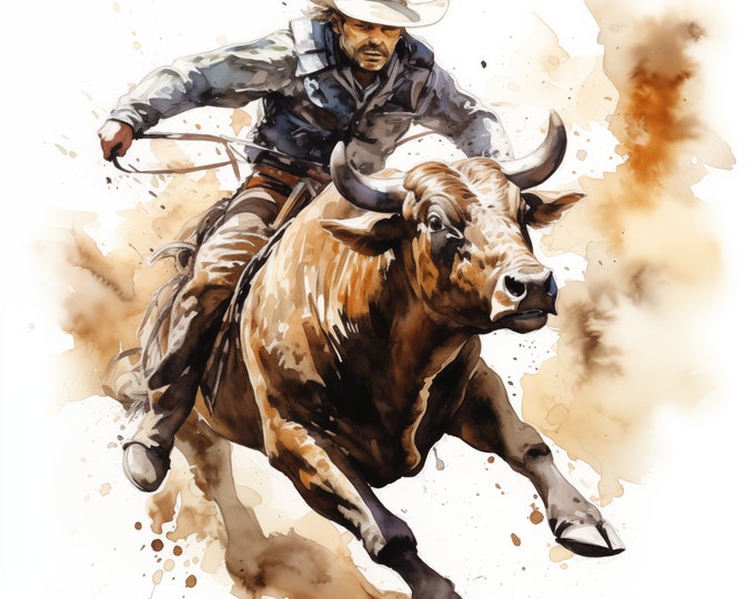 Rodeo Clipart, Cowboy Riding a Bull Images, 10 Watercolor Clip Art, Printable JPGs, Instant Download, Commercial Use, Paper craft