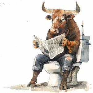 Clipart stier, afbeeldingen stier op het toilet, 10 aquarel illustraties, afdrukbare jpg's, Instant Download, commercieel gebruik, Papercraft