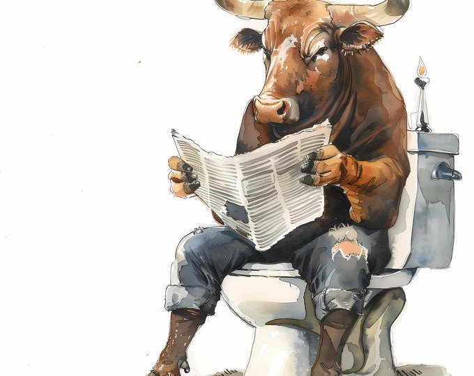 Bull Clipart, Bull on the Toilet Images, 10 Watercolor Clip Art, Printable JPGs, Instant Download, Commercial Use, Paper craft