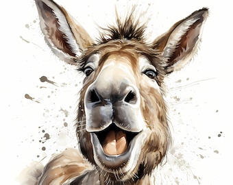 Grappige ezel aquarel clipart: lachende dieren kunst (JPG-download)