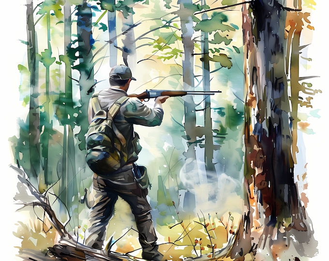 Hunter Clipart, Hunting in Forest Images, 10 Watercolor Clip Art, Printable JPGs, Instant Download, Commercial Use, Paper craft