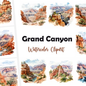 Peut inclure: Illustrations à l'aquarelle du Grand Canyon, présentant différentes perspectives des formations rocheuses en couches du canyon, de la rivière sinueuse et de la végétation luxuriante. Les illustrations sont parfaites pour ajouter une touche de nature à vos projets.