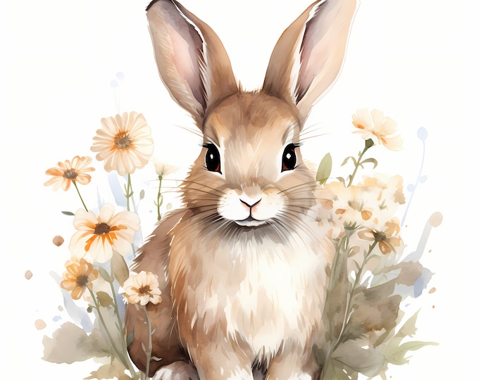 Floral Bunny Clipart, Bunny with Flowers Images, 10 Watercolor Clip Art, Printable JPGs, Instant Download, Commercial Use, Paper craft