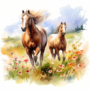 Clipart de cavalos selvagens, imagens de cavalos em prados, 10 clipart em aquarela, JPGs para impressão, download instantâneo, uso comercial, artesanato em papel