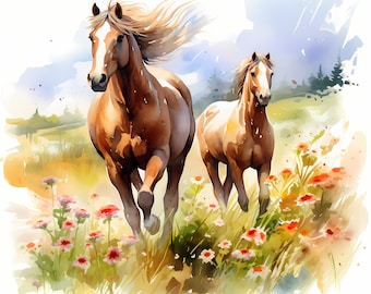 Wild Horses Clipart, Horses on Meadow Images, 10 Watercolor Clip Art, Printable JPGs, Instant Download, Commercial Use, Paper craft