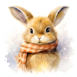 Watercolor Bunny Clipart: Fluffy Rabbit in Scarf (JPGs, Commercial Use)