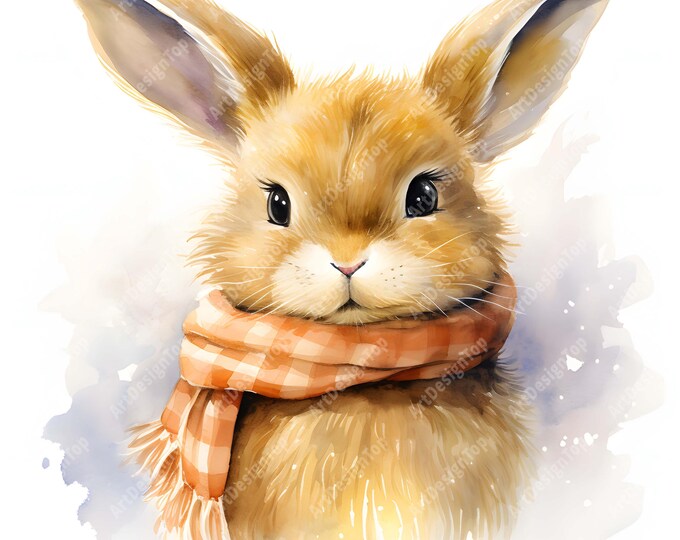 Bunny In Scarf Clipart, Fluffy Bunny Images, 10 Watercolor Clip Art, Printable JPGs, Instant Download, Commercial Use, Paper craft