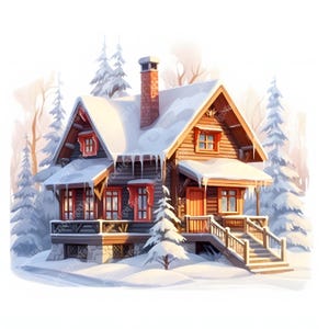 Clipart di case invernali, immagini di cottage scandinavi, 10 clipart di acquerelli, JPG stampabili, download istantaneo, uso commerciale, creazione di carta
