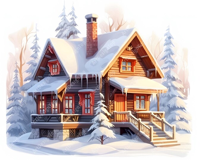 Winter House Clipart, Scandinavian Cottage Images, 10 Watercolor Clip Art, Printable JPGs, Instant Download, Commercial Use, Paper craft