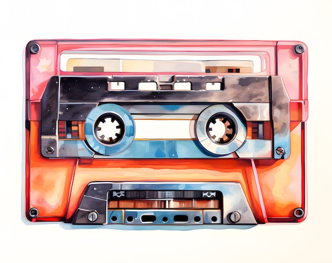 Cassette Tape Clipart, Retro Cassette Images, 10 Watercolor Clip Art, Printable JPGs, Instant Download, Commercial Use, Paper craft