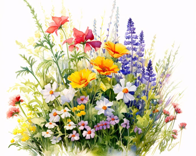 Wildflower Meadow Clipart, Rustic Floral Images, 10 Watercolor Clip Art, Printable JPGs, Instant Download, Botanical Paper Craft