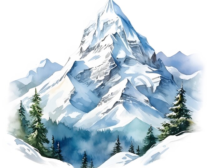 Winter Mountain Peak Clipart, Mountain Landscape Images, 10 Watercolor Clip Art, Printable JPGs, Instant Download, Commercial Use