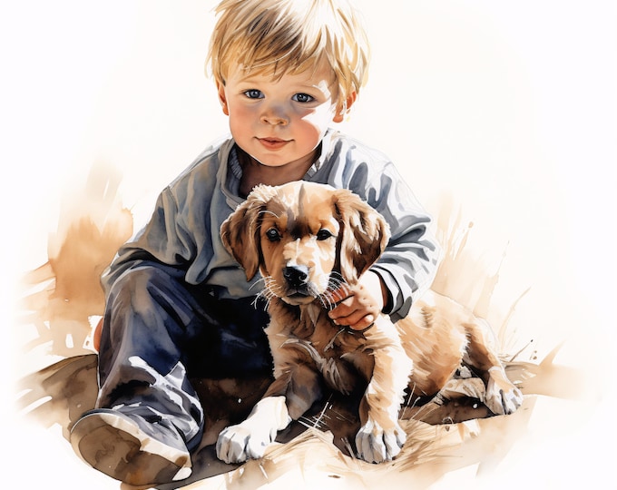 Child with Puppy Clipart, Cute Kids and Dog Images, 10 Watercolor Clip Art, Printable JPGs, Instant Download, Commercial Use, Paper craft