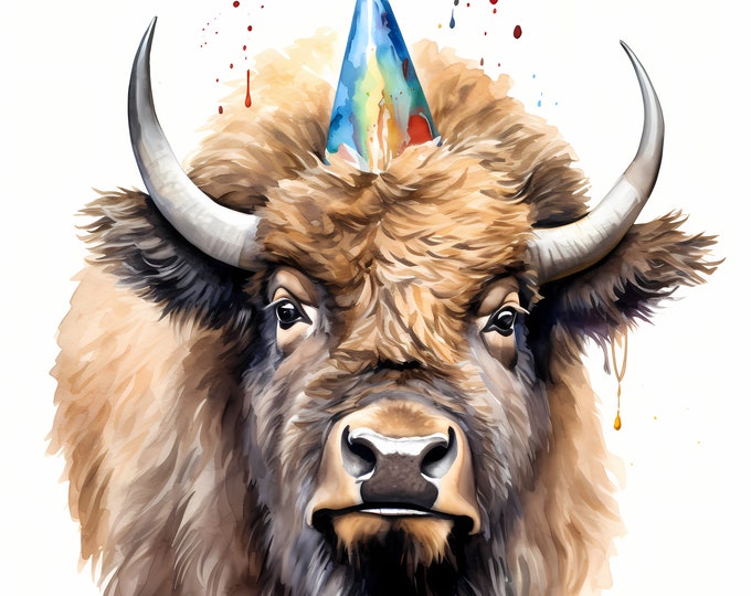 American Bison Clipart, Bison with Party Hat Images, 10 Watercolor Clip Art, Printable JPGs, Instant Download, Commercial Use, Paper craft