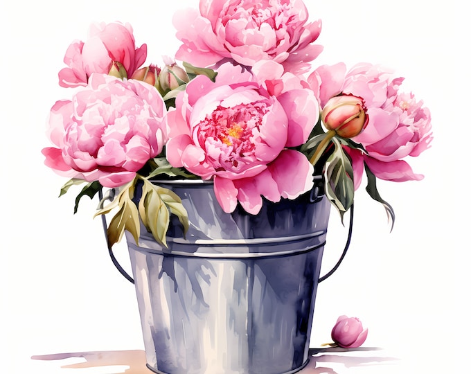 Peonies Clipart, Peonies in Bucket Images, 10 Watercolor Clip Art, Printable JPGs, Instant Download, Commercial Use, Paper craft