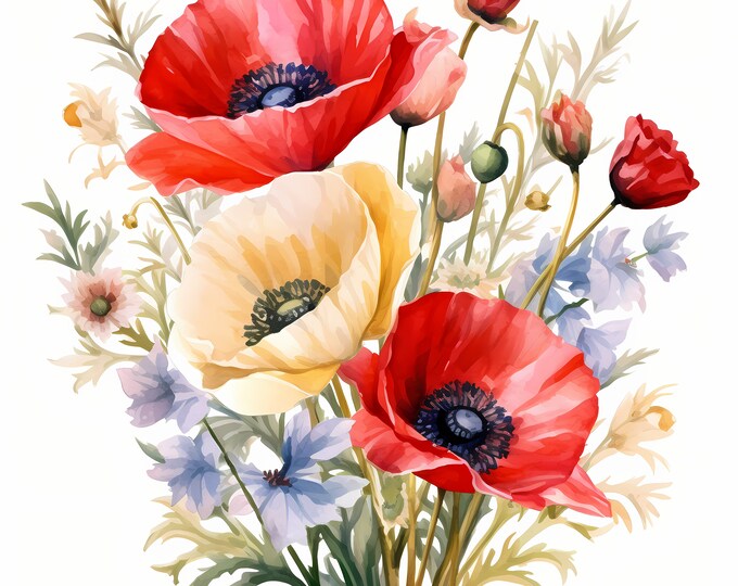 Meadow Flowers Clipart, Poppies Bouquet Images, 10 Watercolor Clip Art, Printable JPGs, Instant Download, Commercial Use, Paper craft