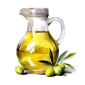 Imágenes prediseñadas de aceite de oliva, imágenes de aceite de oliva en jarra de vidrio, 10 imágenes prediseñadas de acuarela, archivos JPG imprimibles, descarga instantánea, uso comercial, manualidades de papel