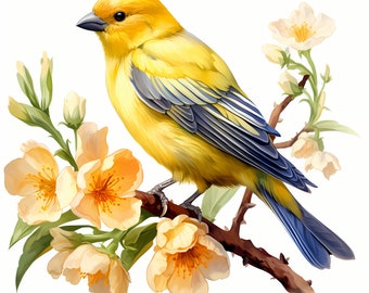Watercolor Canary Clipart: Yellow Bird with Flowers (JPG Digital Download)