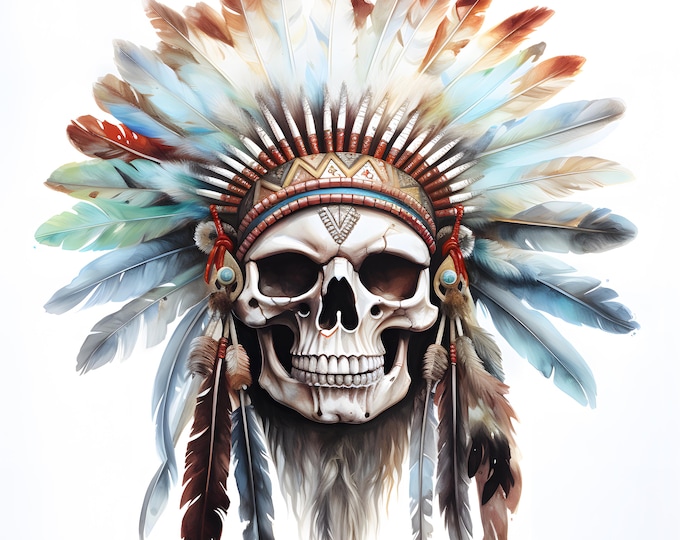 Skull Headdress Clipart, Native American Skull Images, 10 Watercolor Clip Art, Printable JPGs, Instant Download, Commercial Use, Paper craft