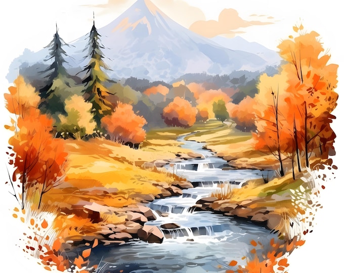 Autumn Landscape Clipart, Fall Nature Images, 10 Watercolor Clip Art, Printable JPGs, Instant Download, Commercial Use, Paper craft