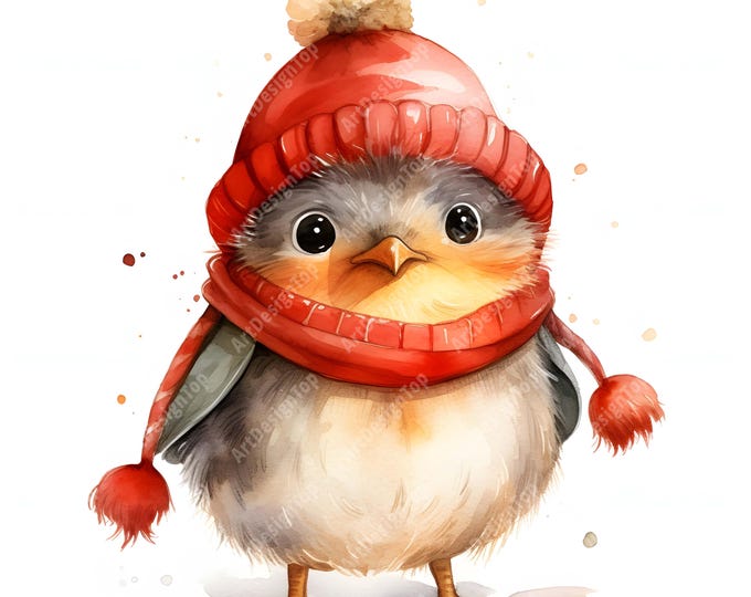 Christmas Robin Clipart, Robin In Red Hat Images, 10 Watercolor Clip Art, Printable JPGs, Instant Download, Commercial Use, Paper craft