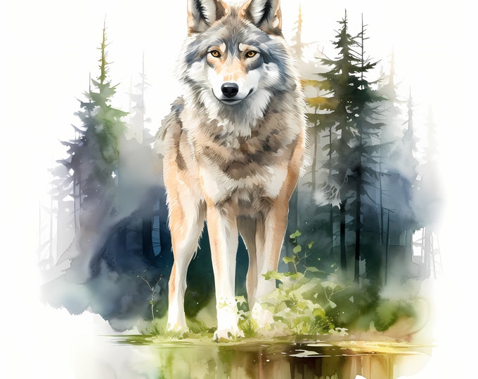 Wolf Clipart, Wolf and Forest Double Exposure Images, 10 Watercolor Clip Art, Printable JPGs, Instant Download, Commercial Use, Paper craft