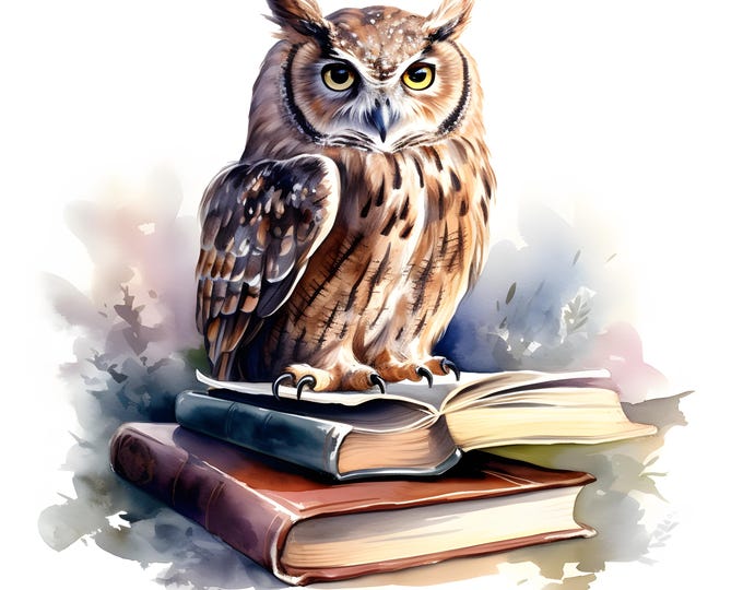 Owl On Books Clipart, Bookworm Owl Images, 10 Watercolor Clip Art, Printable JPGs, Instant Download, Commercial Use, Paper craft
