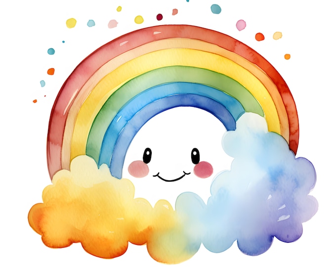 Colored Rainbow Clipart, Rainbow With Face Images, 10 Watercolor Clip Art, Printable JPGs, Instant Download, Commercial Use, Paper craft
