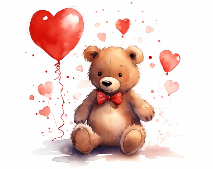 Teddy Bear Clipart, Bear Valentine's Day Images, 10 Watercolor Clip Art, Printable JPGs, Instant Download, Commercial Use, Paper craft