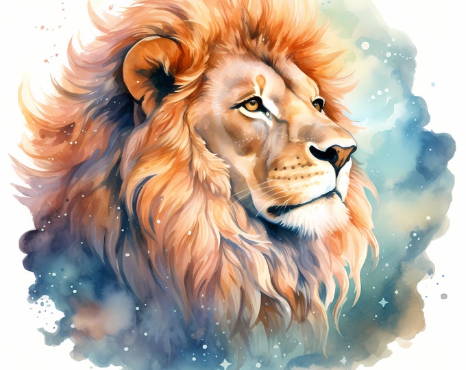 Celestial Lion Clipart, Cute Lion Images, 10 Watercolor Clip Art, Printable JPGs, Instant Download, Commercial Use, Paper craft