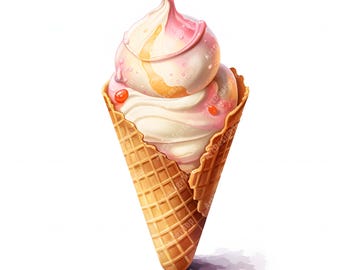 Watercolor Ice Cream Cone Clipart: Printable JPG Images (Commercial Use)