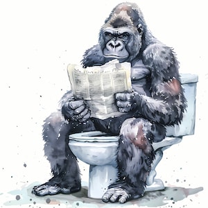 Clipart gorilla, afbeeldingen gorilla op het toilet, 10 aquarel illustraties, afdrukbare JPG's, Instant Download, Commercieel gebruik, Papercraft