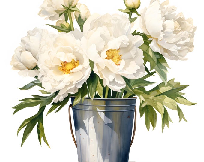 Peonies Bouquet Clipart, White Flowers in Bucket Images, 10 Watercolor Clip Art, Printable JPGs, Instant Download, Commercial Use