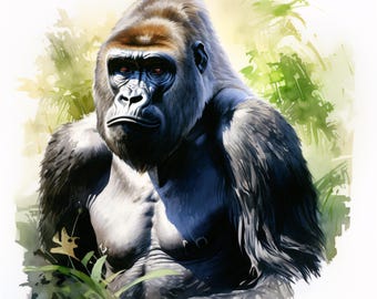 Imágenes prediseñadas de gorilas, imágenes de animales salvajes, 10 imágenes prediseñadas en acuarela, JPG imprimibles, descarga instantánea, uso comercial, manualidades en papel